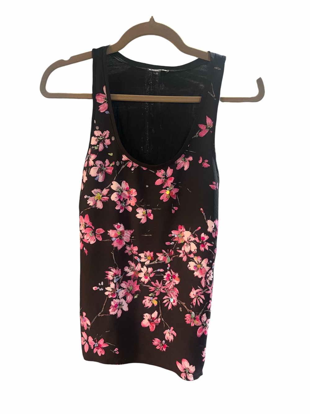 Express Black Sleeveless Black Top with Pink Floral Sequins